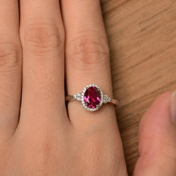 NEW 925 Sterling Silver Oval Ruby Round Diamond Halo Ring - Picture 8 of 8